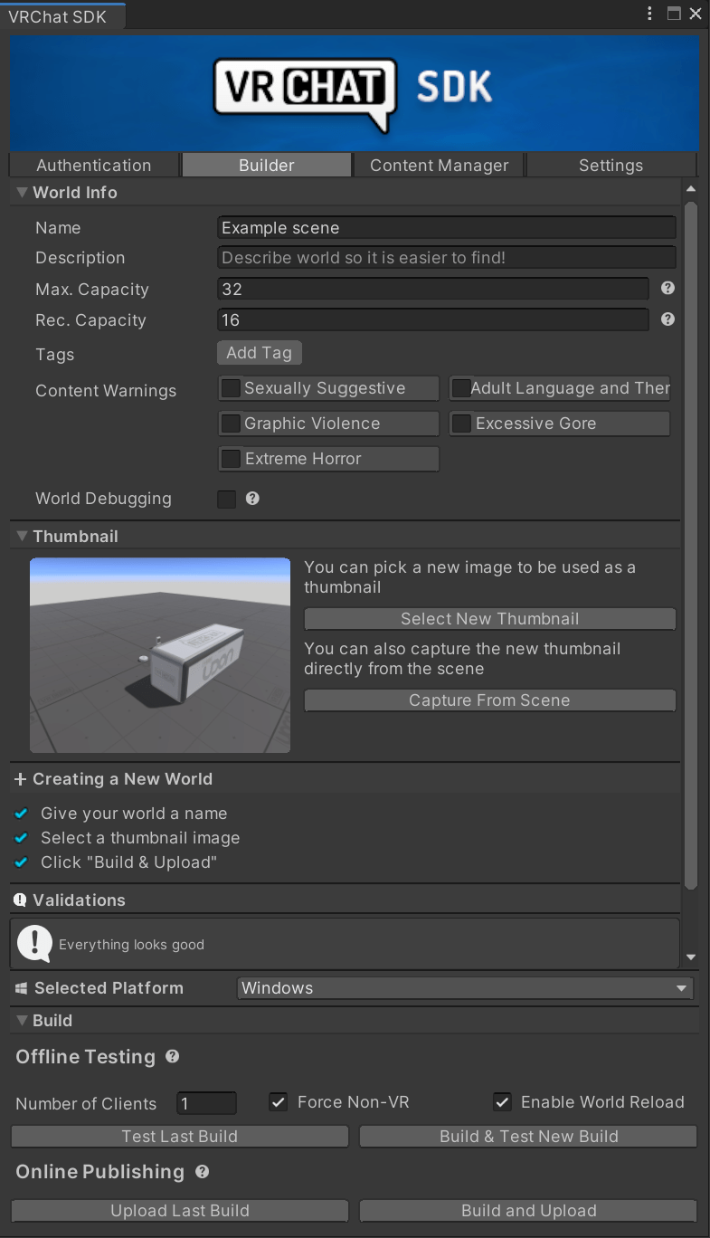 VRChat's SDK World build panel.