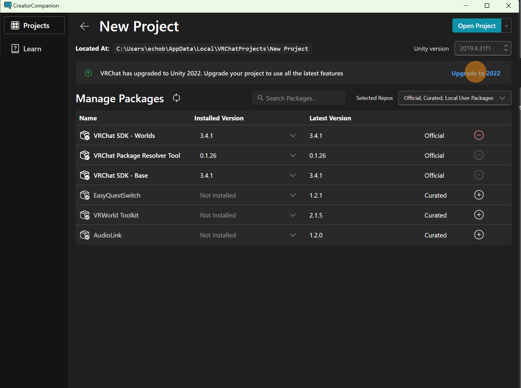 通过 管理项目（Manage Project）升级