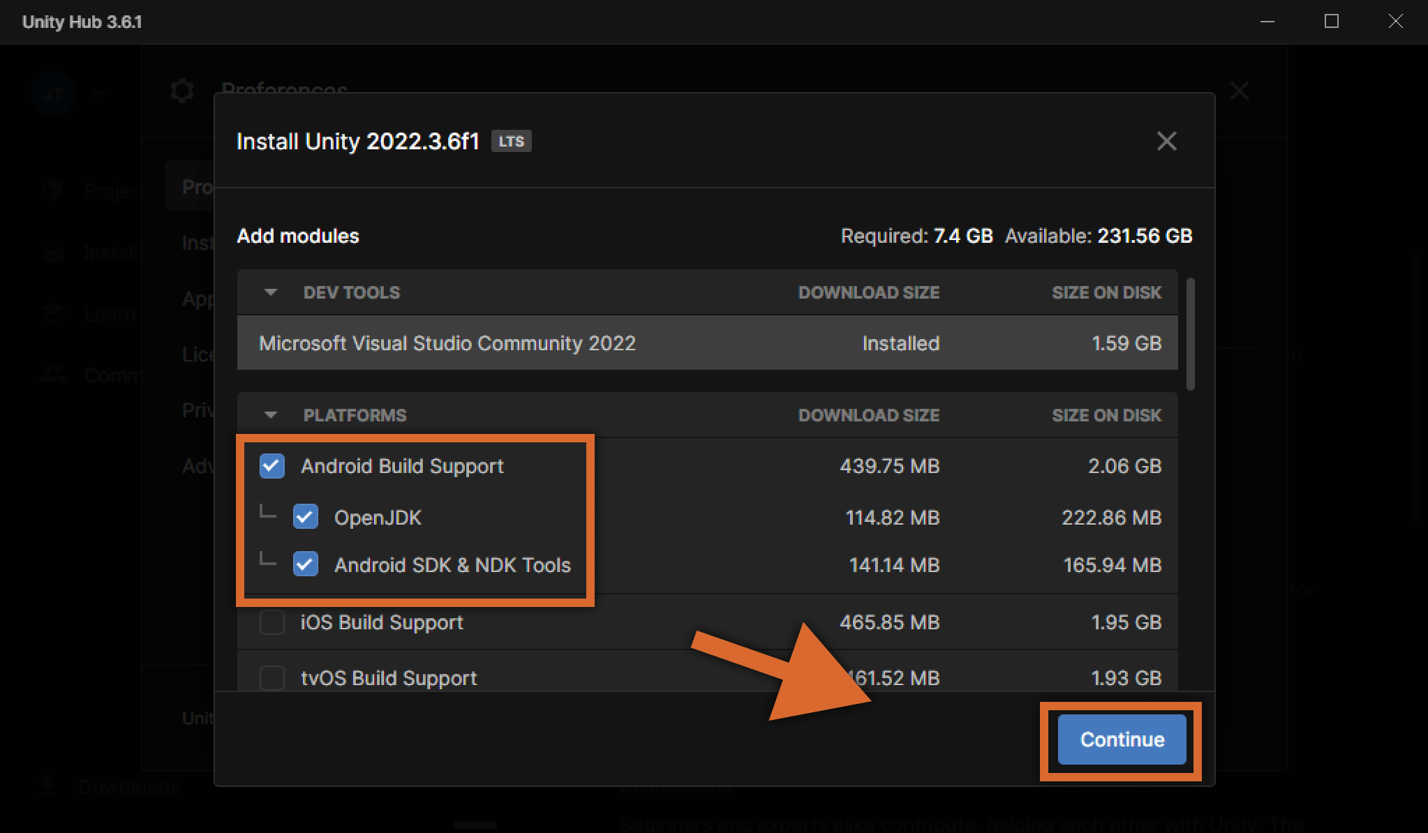 如果你想为 Android 设备开发内容，需要打开 Android 构建支持（Android Build Support）