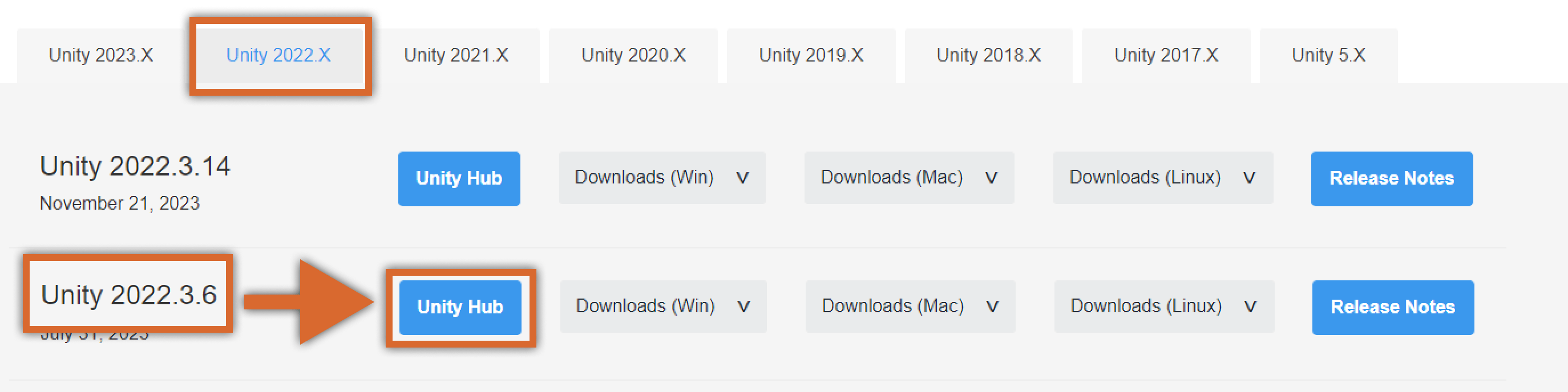 在 Unity 下载存档中选择正确的版本并安装